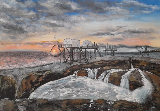 LES CARRELETS DE CHARENTE-MARITIME - VUE DES CARRELETS A ST-PALAIS-SUR-MER AU COUCHE DU SOLEIL - D'APRES UNE PHOTO DE ARNAUD BERTRANDE 