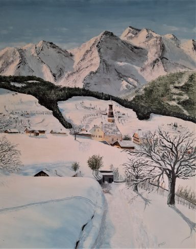 COMBLOUX - Vue d'un village enneigé entouré de montagnes majestueuses sous un ciel clair.