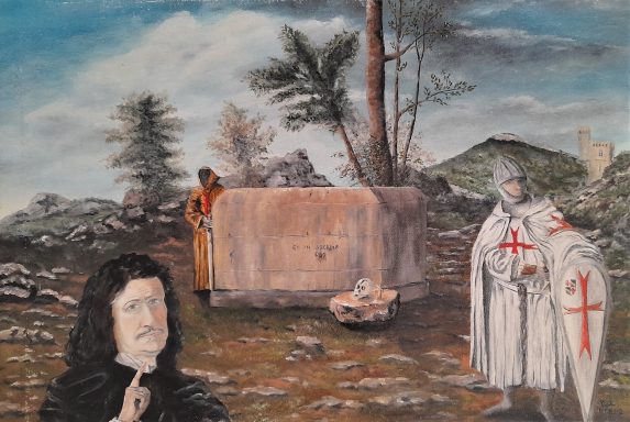 Un homme en manteau noir, un chevalier en armure, près d'une pierre sur un paysage montagneux.