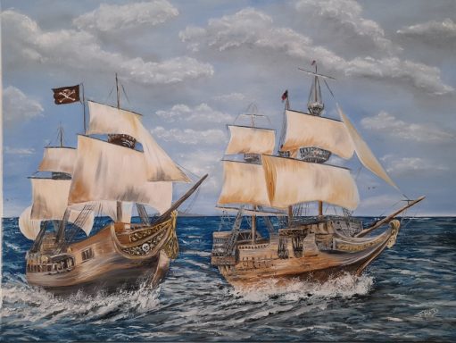 DEUX BATEAUX PIRATES TOUTES VOILES DEHORS REIGNANT SUR L ATLANTIQUE EN FURIE